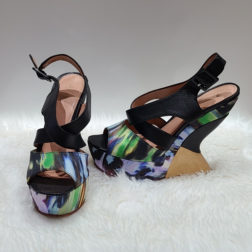 Anthropologie Leifsdottir Kivi Wedge Sandals Sculptural Heel Watercolor Wedge